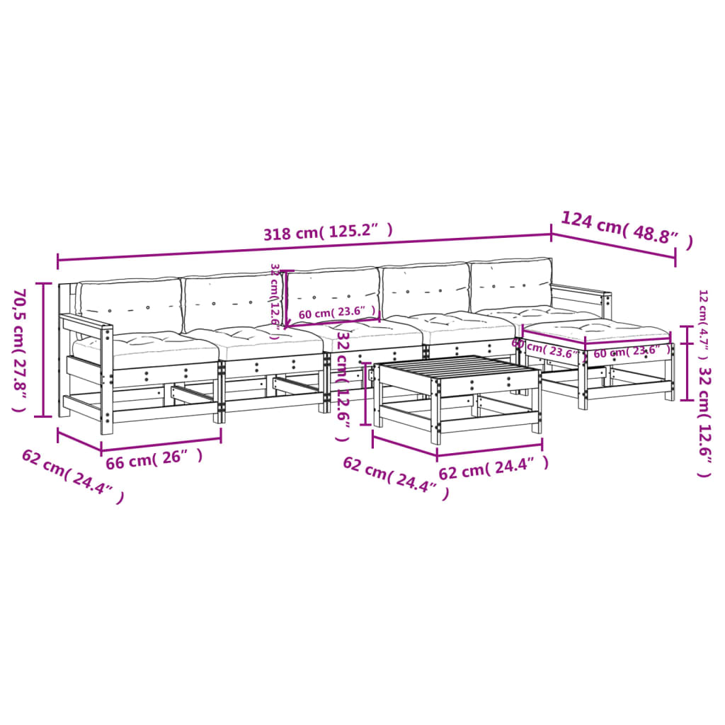 Salon de jardin 7 pcs avec coussins blanc bois massif