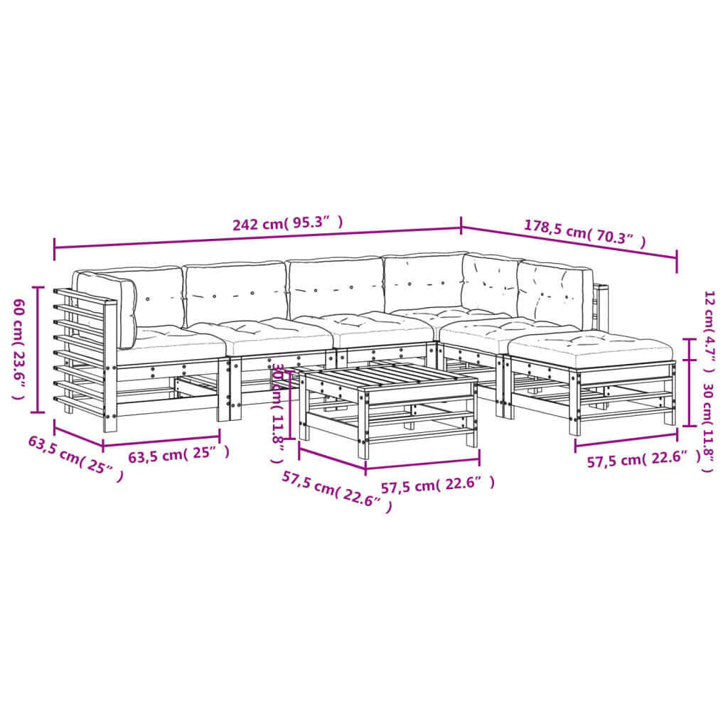 Salon de jardin 7 pcs avec coussins blanc bois massif