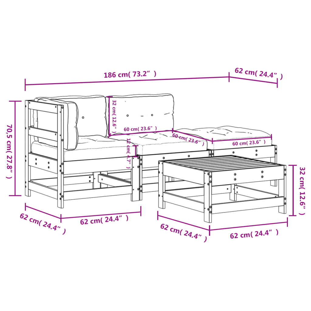 Salon de jardin 4 pcs avec coussins blanc bois massif