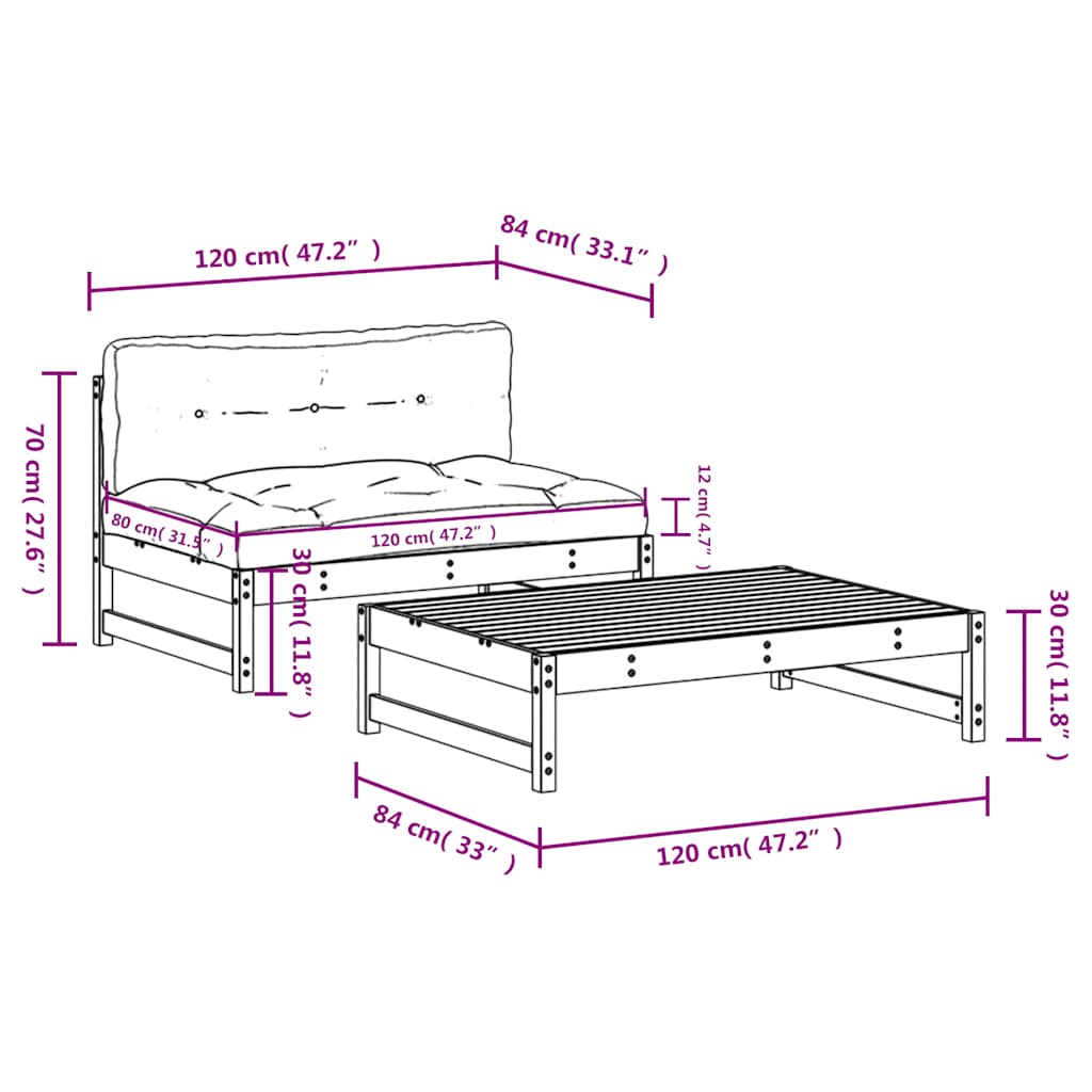 Salon de jardin 2 pcs avec coussins gris bois massif