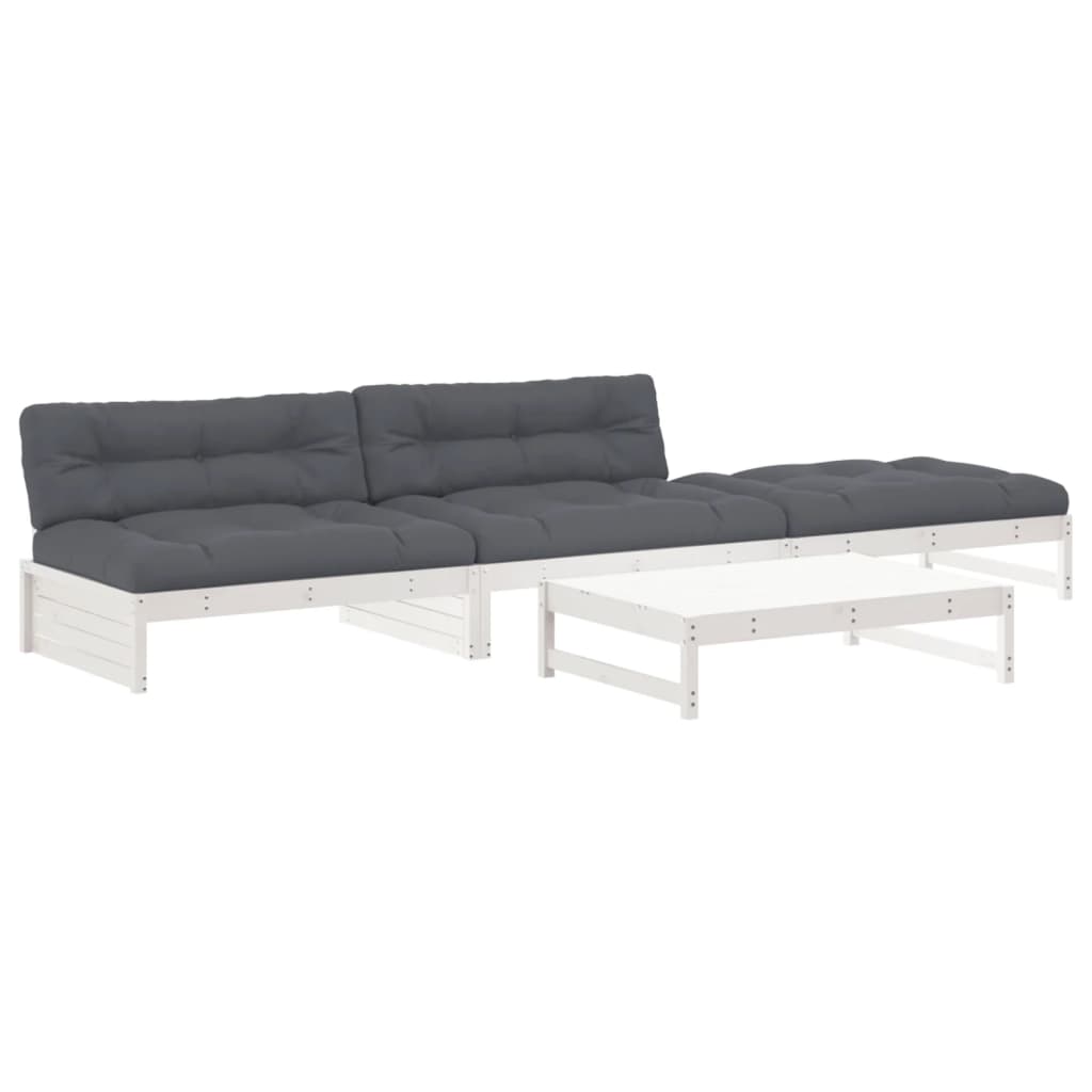 Salon de jardin 4 pcs avec coussins blanc bois massif