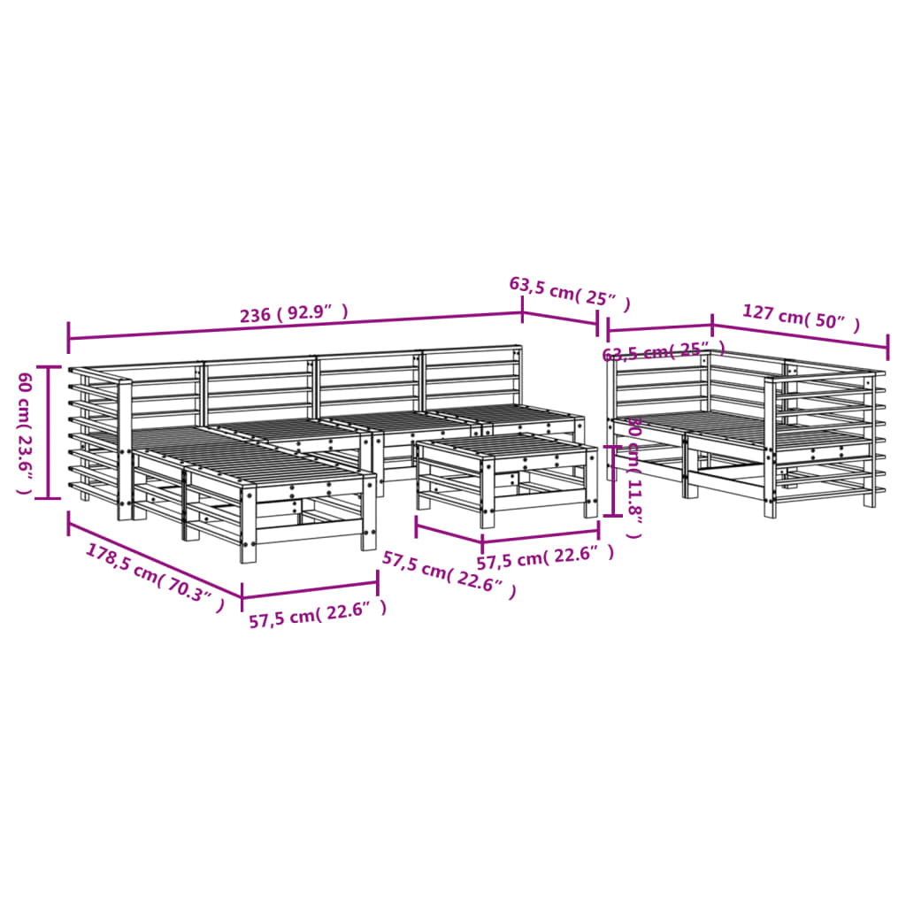 Salon de jardin 9 pcs Bois de pin massif