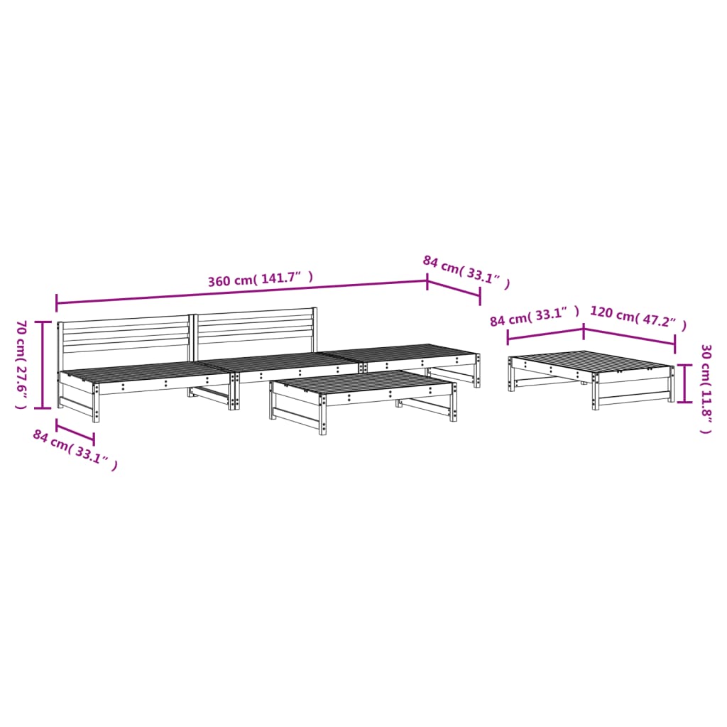 Salon de jardin 5 pcs noir bois massif de pin