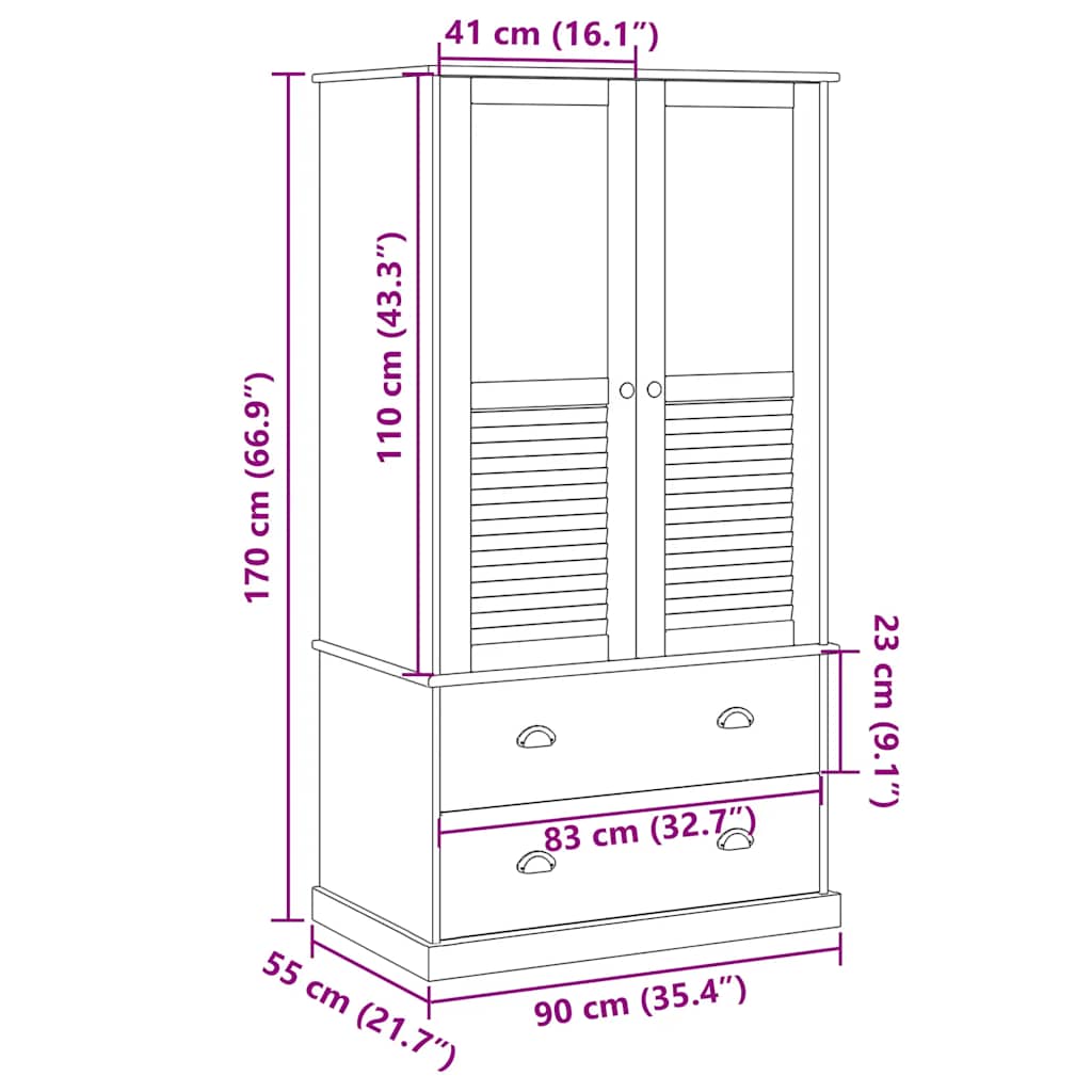 Garde-robe VIGO blanc 90x55x170 cm bois massif de pin - XIOS