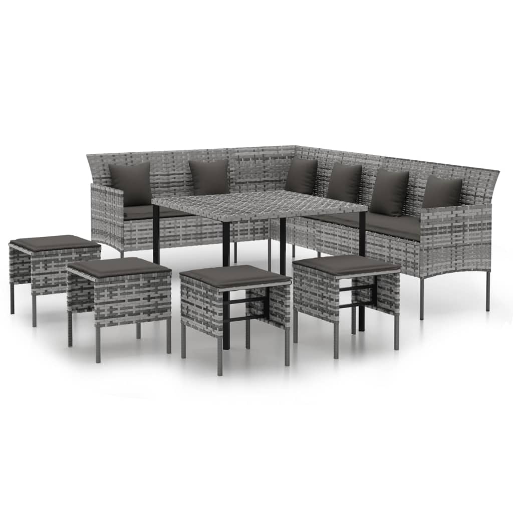 Ensemble à manger jardin 6pcs et coussins gris résine tressée