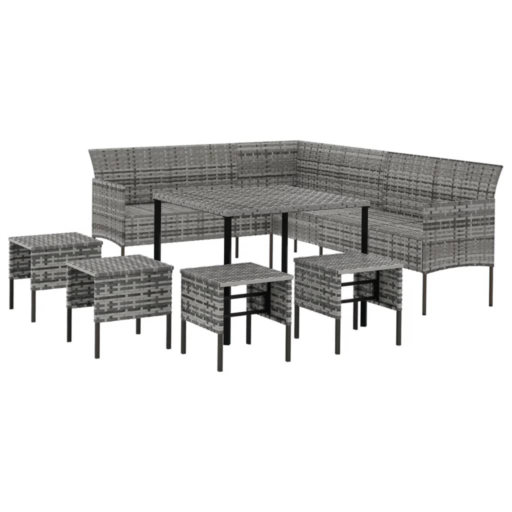 Ensemble à manger jardin 6pcs et coussins gris résine tressée