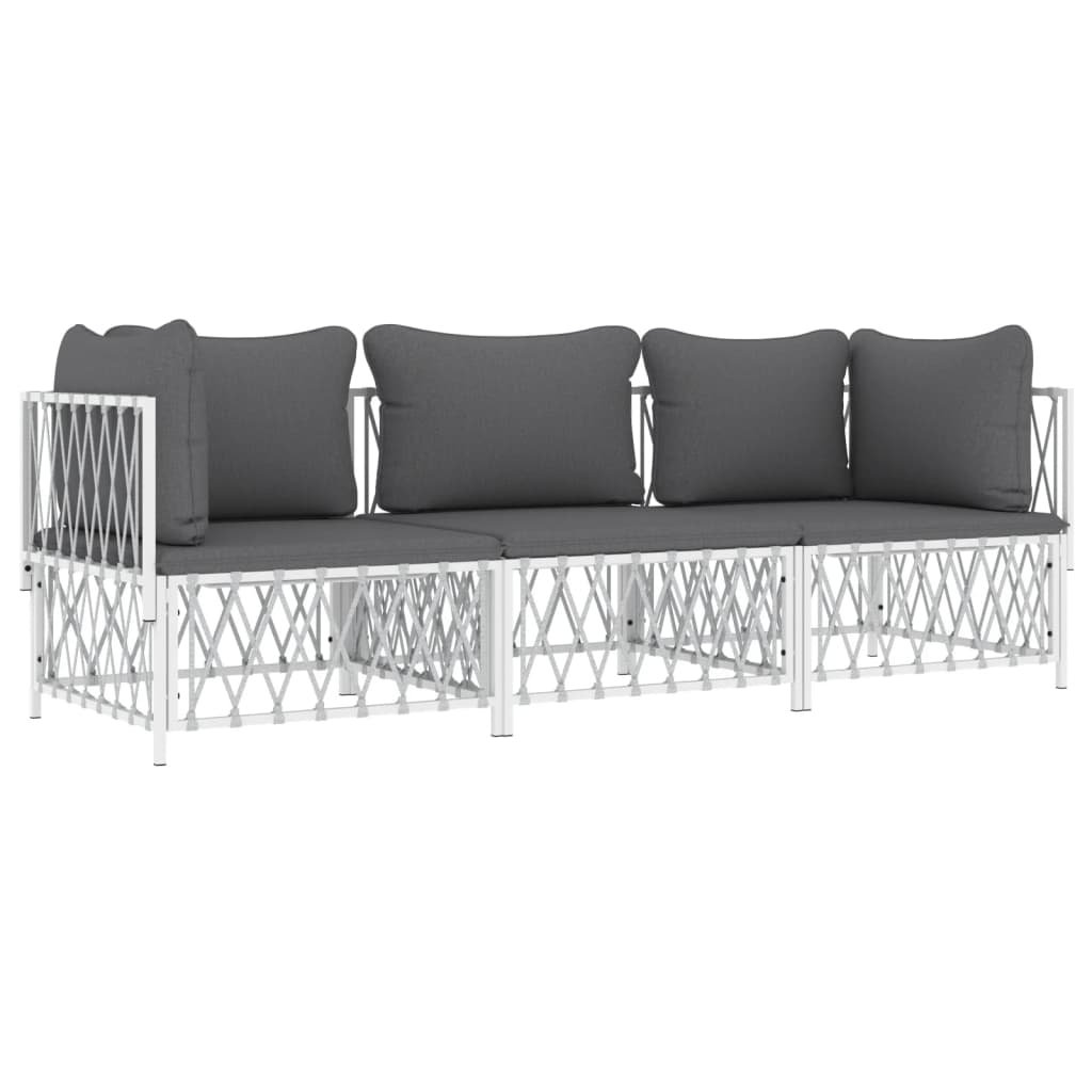 Salon de jardin avec coussins 3 pcs blanc acier