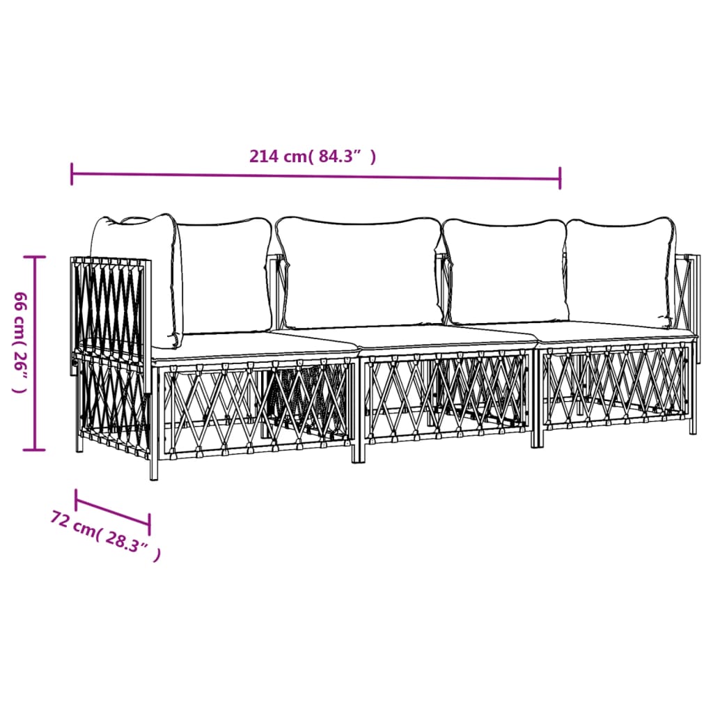 Salon de jardin avec coussins 3 pcs blanc acier