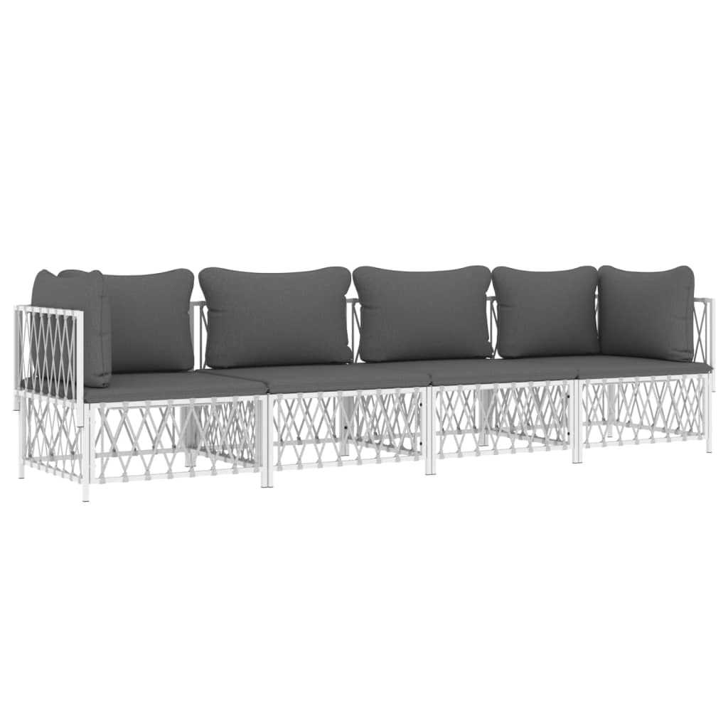 Salon de jardin 4 pcs avec coussins blanc acier