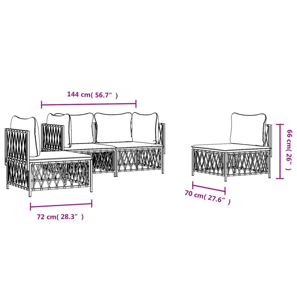 Salon de jardin 4 pcs avec coussins blanc acier