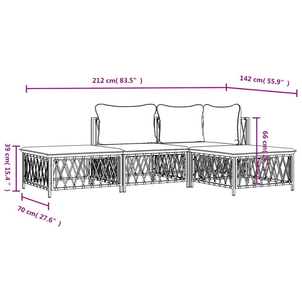 Salon de jardin 4 pcs avec coussins blanc acier