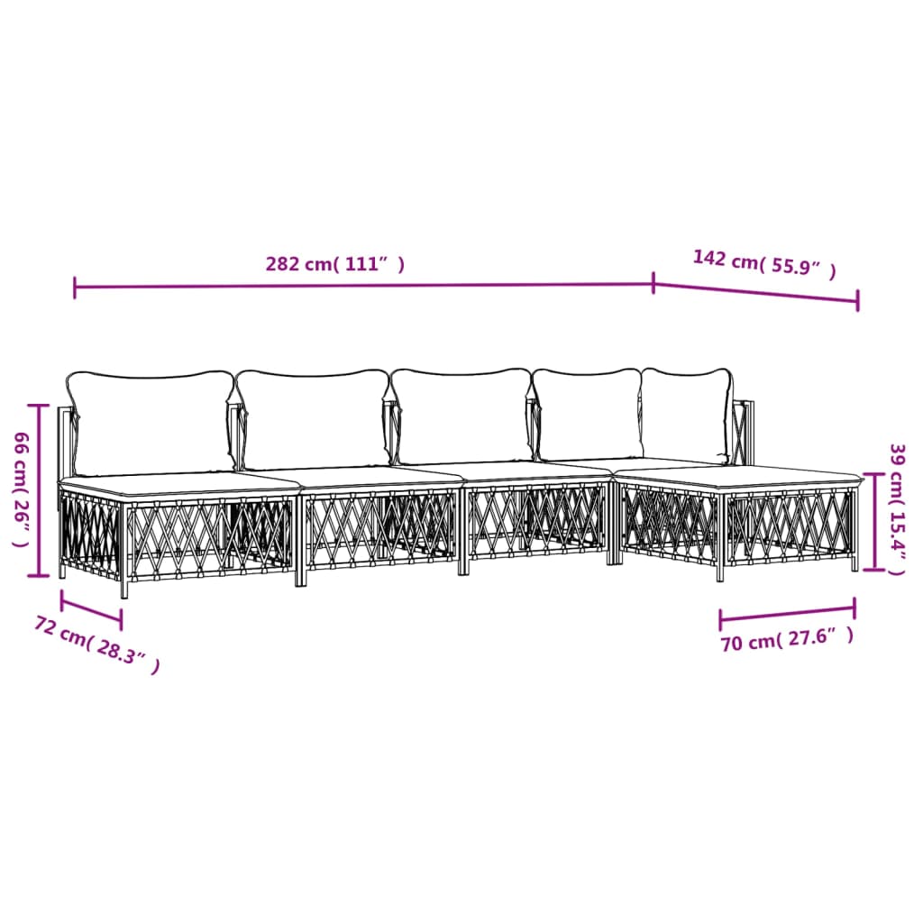 Salon de jardin avec coussins 5 pcs blanc acier