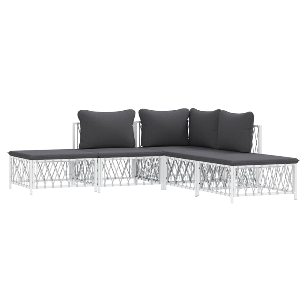 Salon de jardin avec coussins 5 pcs blanc acier