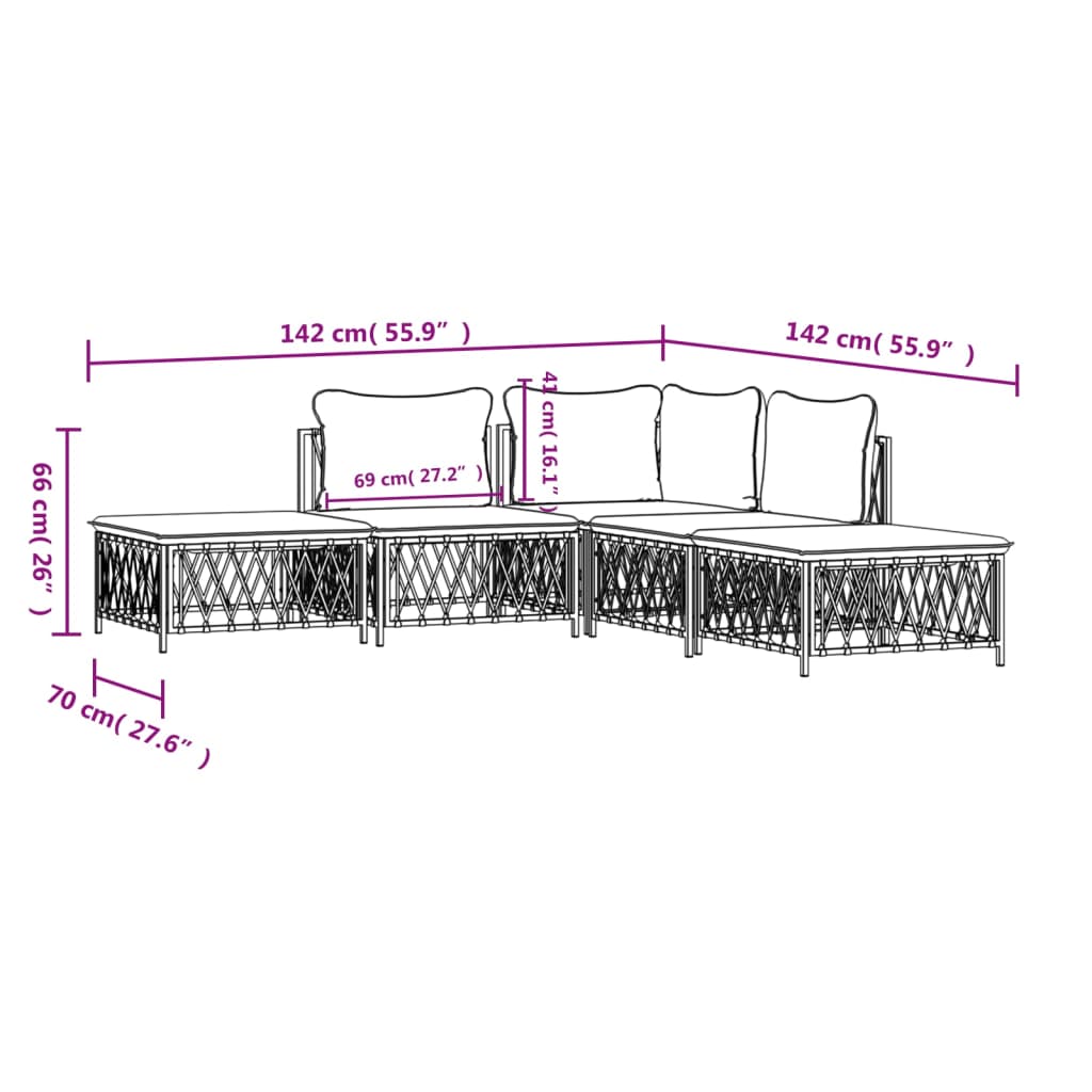 Salon de jardin avec coussins 5 pcs blanc acier