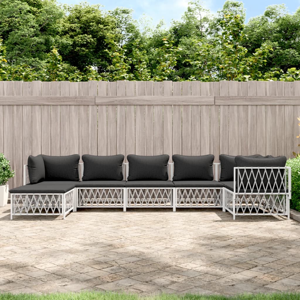 Salon de jardin 7 pcs avec coussins blanc acier