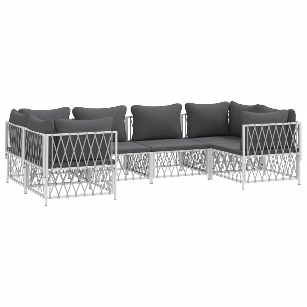 Salon de jardin avec coussins 6 pcs blanc acier
