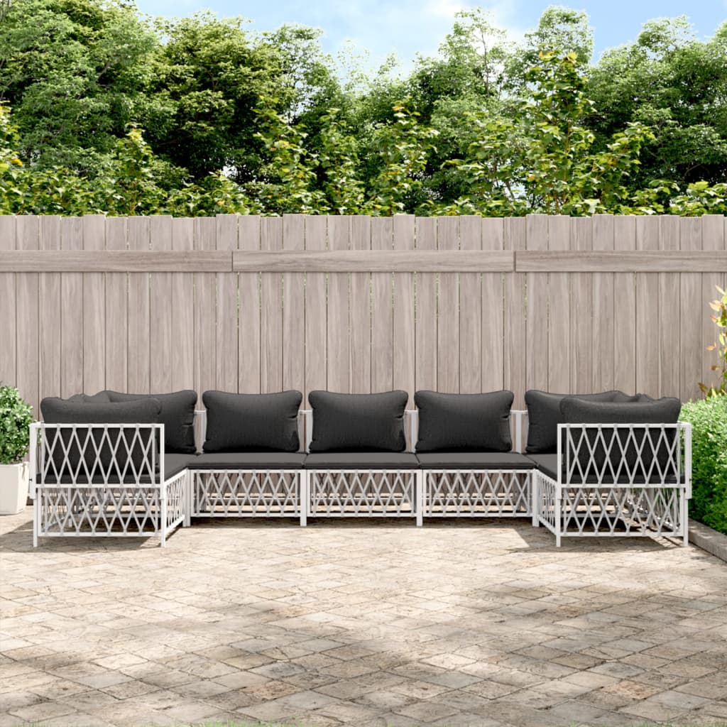 Salon de jardin 7 pcs avec coussins blanc acier