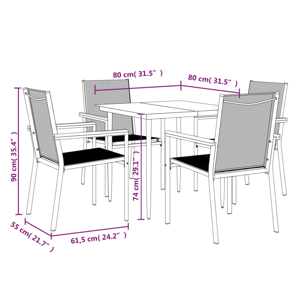 Ensemble à manger de jardin 5 pcs noir textilène et acier