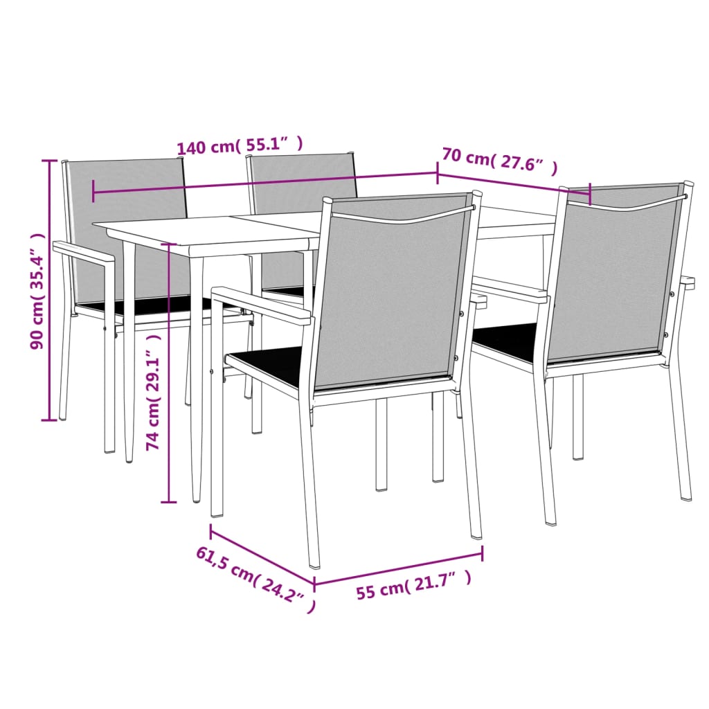 Ensemble à manger de jardin 5 pcs noir textilène et acier