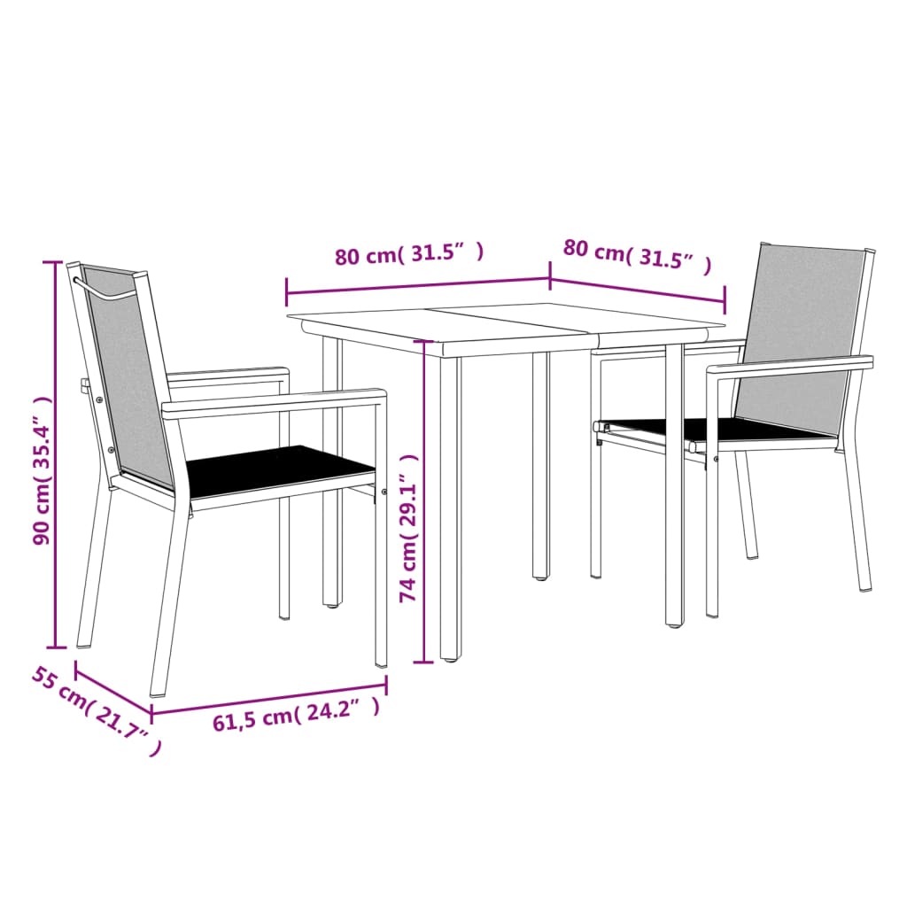 Ensemble à manger de jardin 3 pcs noir textilène et acier