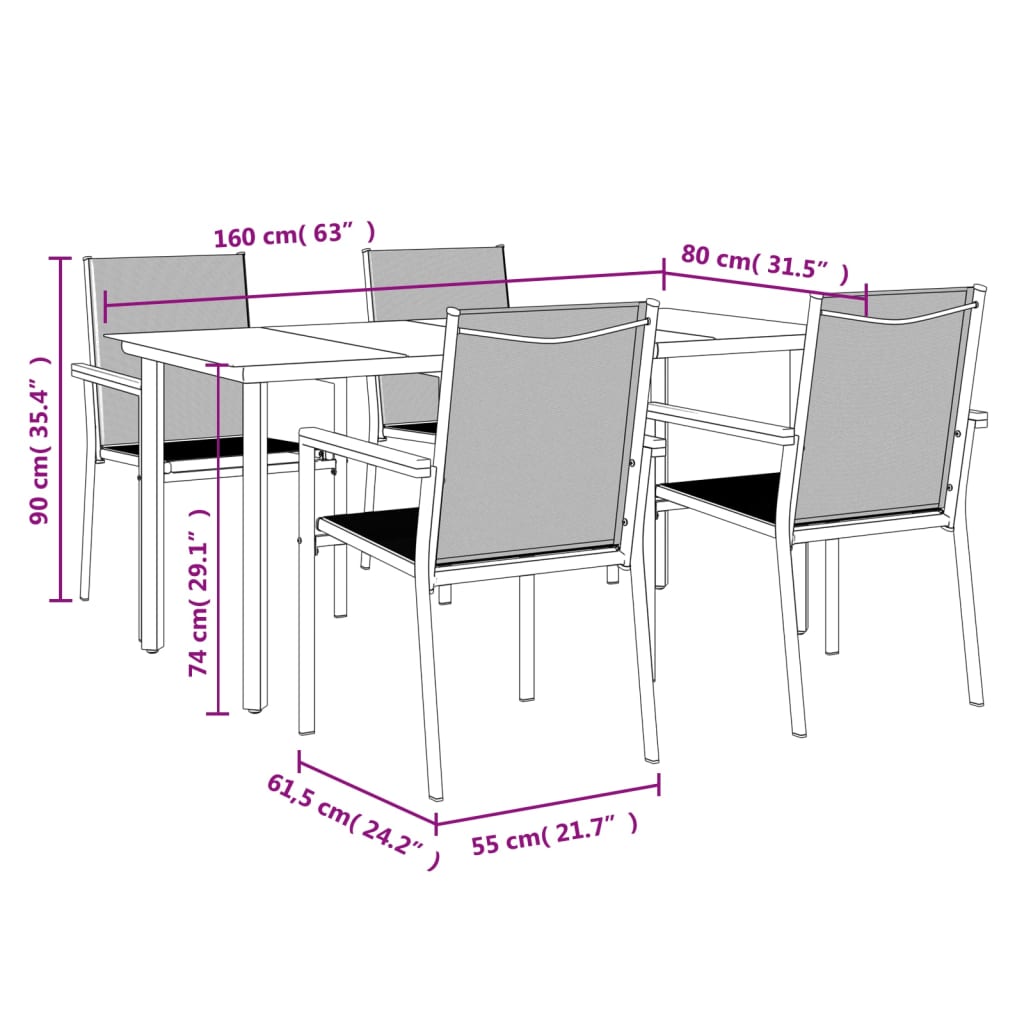 Ensemble à manger de jardin 5 pcs noir textilène et acier