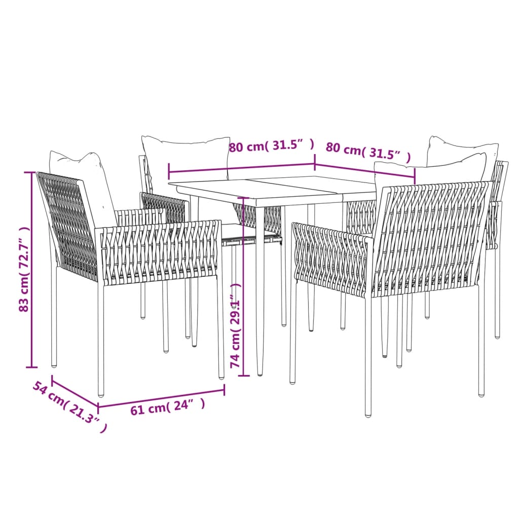 Ensemble à manger de jardin 5 pcs coussins résine tressée acier