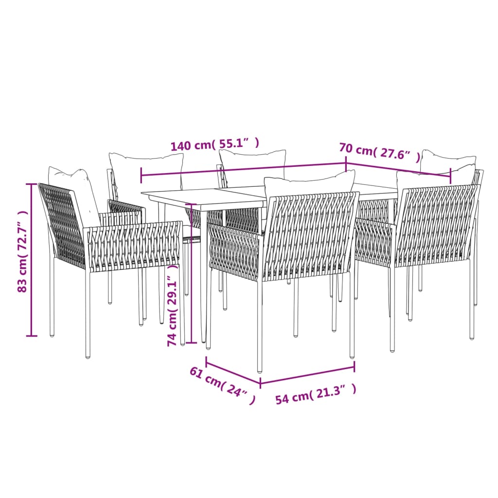 Ensemble à manger de jardin 7 pcs coussins résine tressée acier