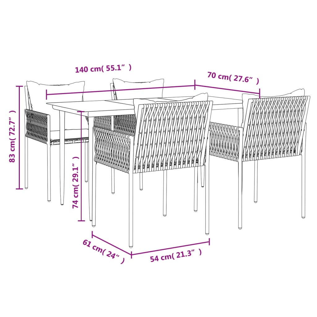 Ensemble à manger de jardin 5 pcs coussins résine tressée acier