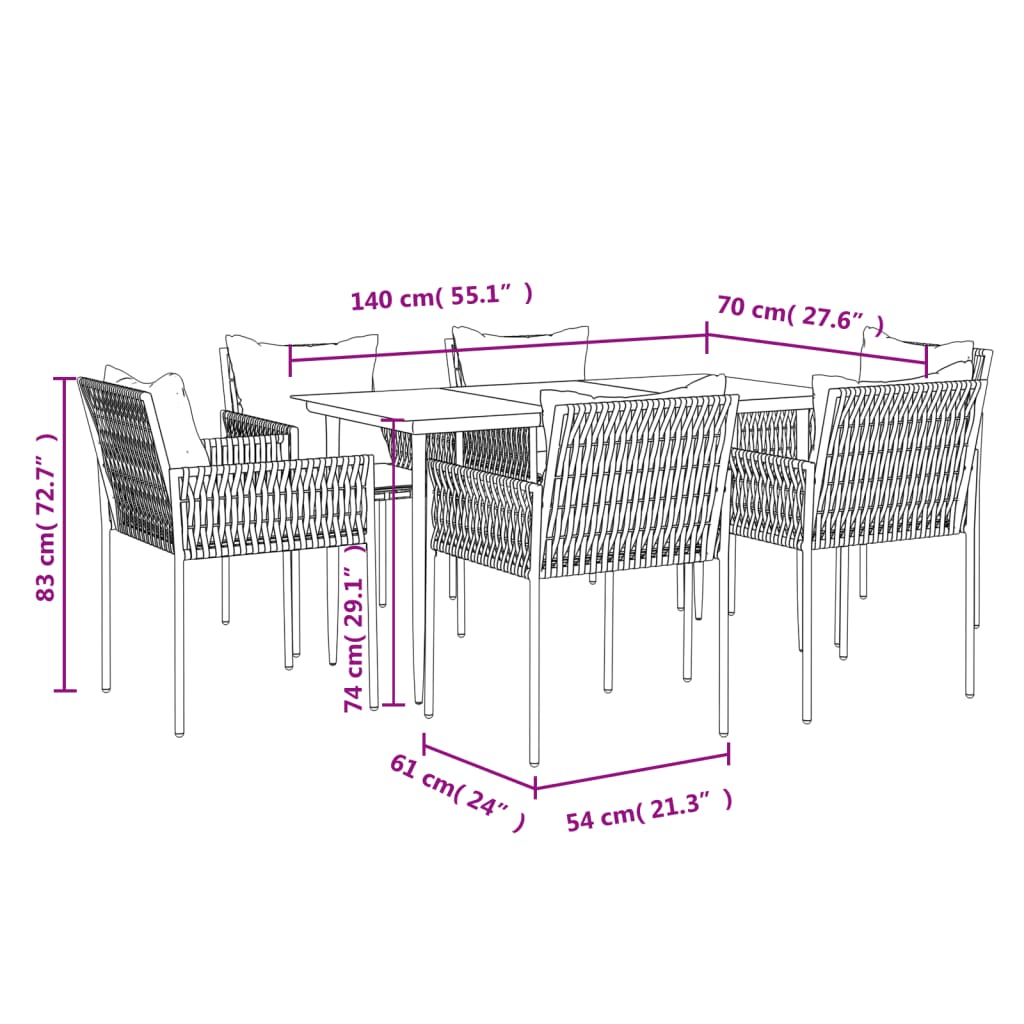 Ensemble à manger de jardin 7 pcs coussins résine tressée acier