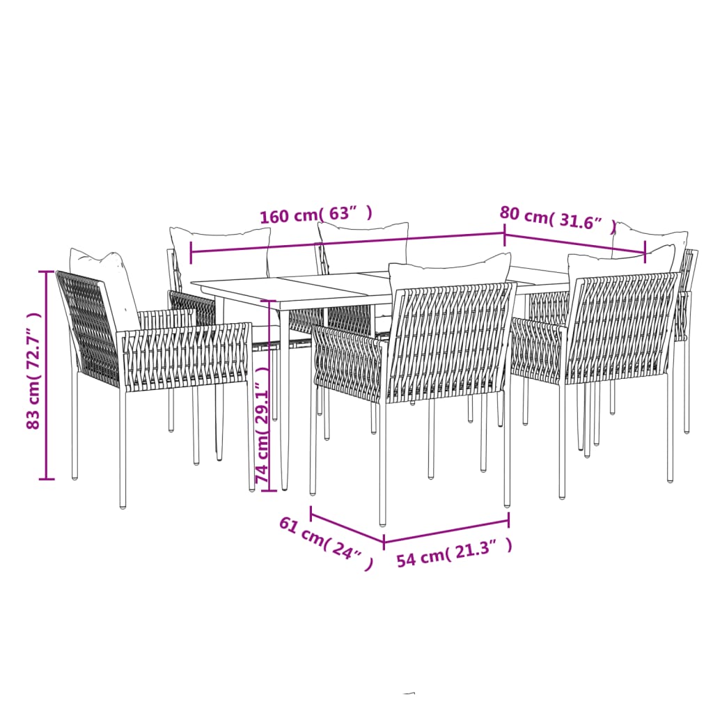 Ensemble à manger de jardin 7 pcs coussins résine tressée acier