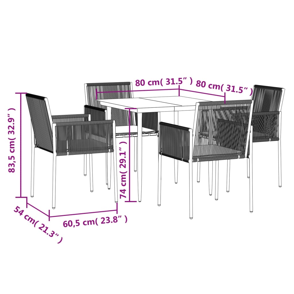 Ensemble à manger de jardin coussins 5pcs noir rotin et acier
