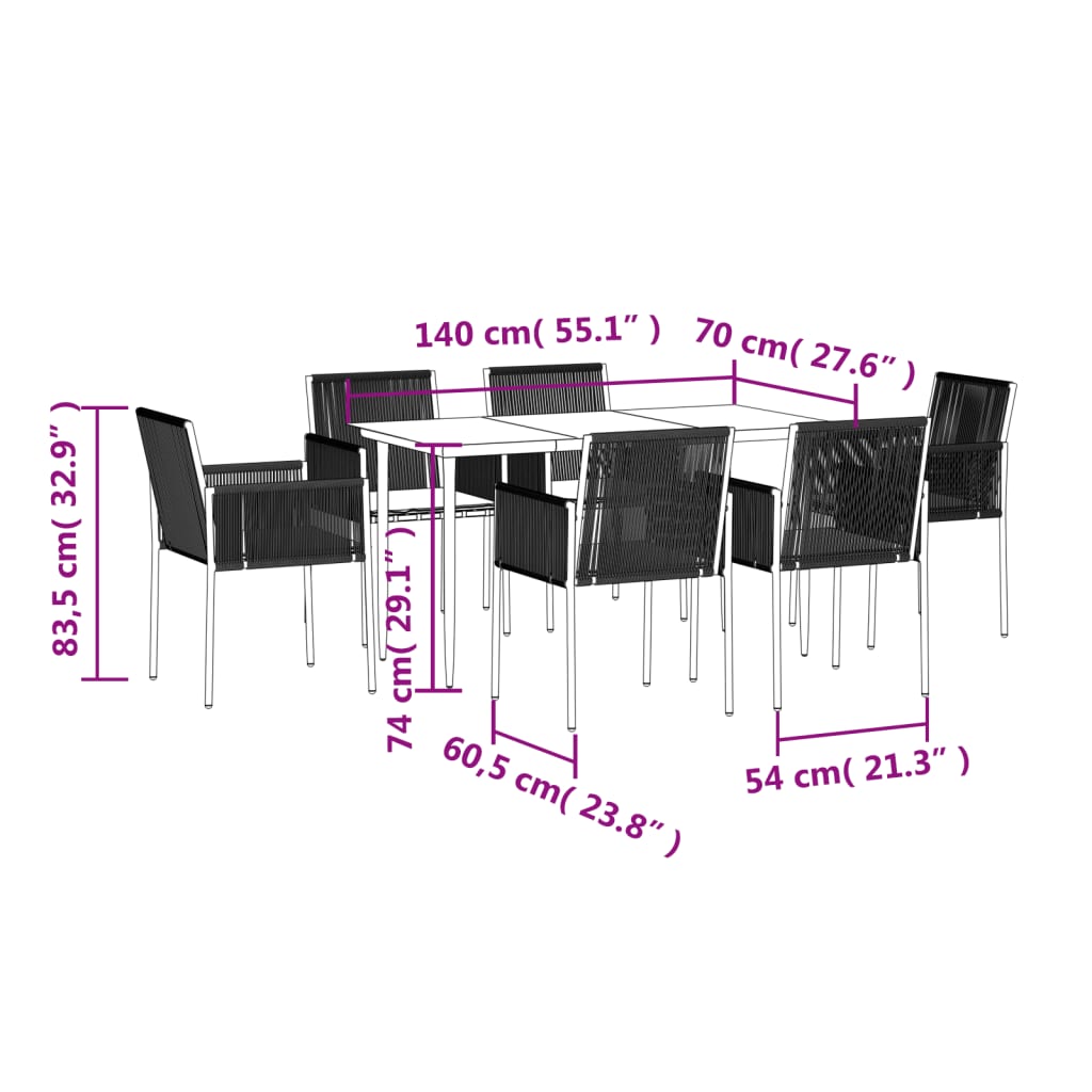 Ensemble à manger de jardin coussins 7 pcs noir rotin et acier
