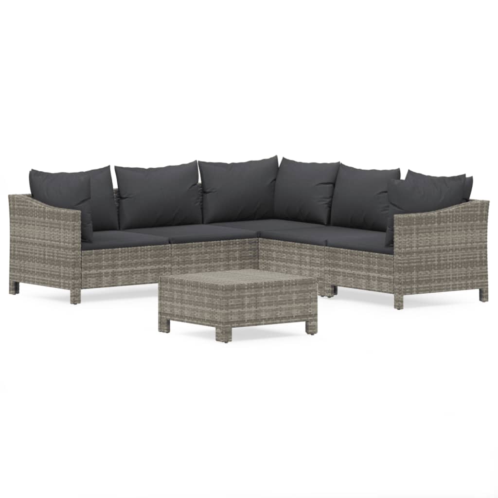 Salon de jardin 6 pcs avec coussins Gris Résine tressée