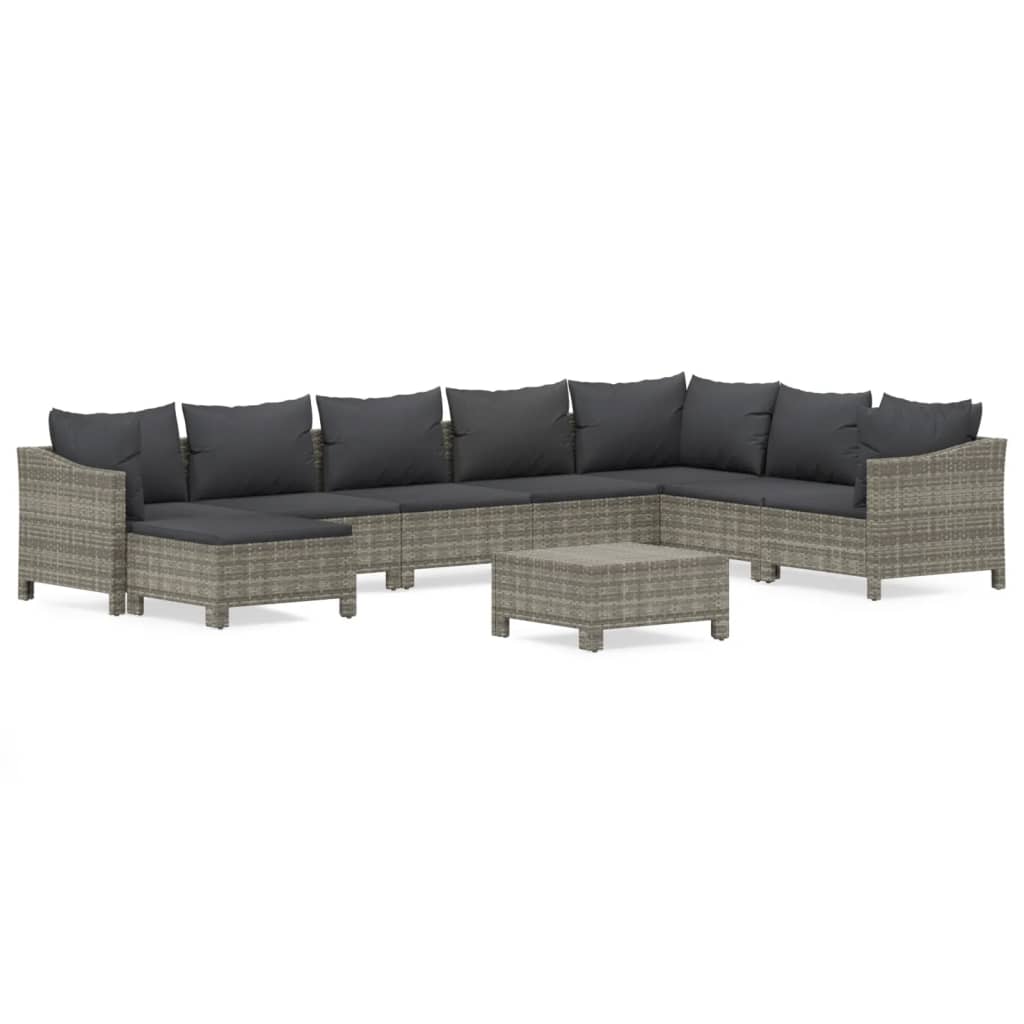 Salon de jardin 9 pcs avec coussins Gris Résine tressée