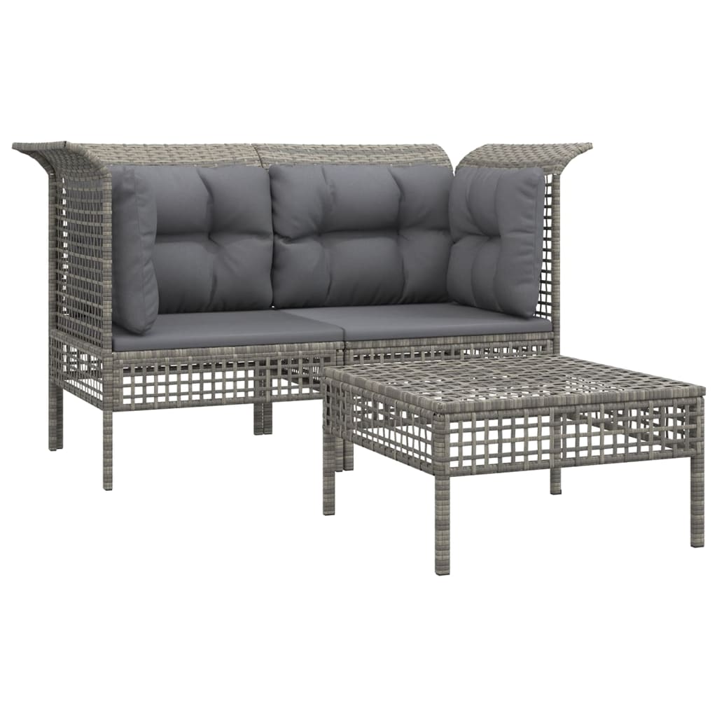 Salon de jardin 3 pcs avec coussins Gris Résine tressée