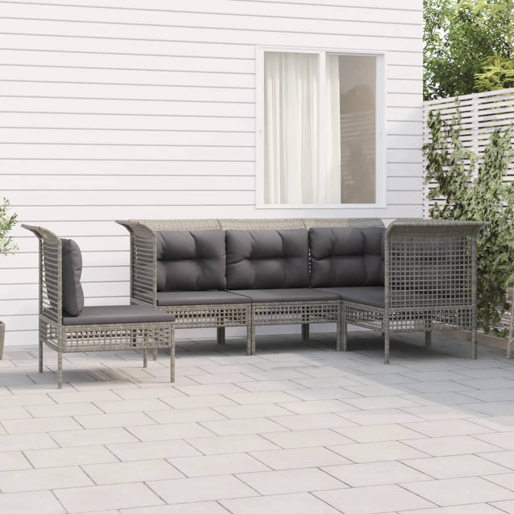 Salon de jardin 5 pcs avec coussins Gris Résine tressée