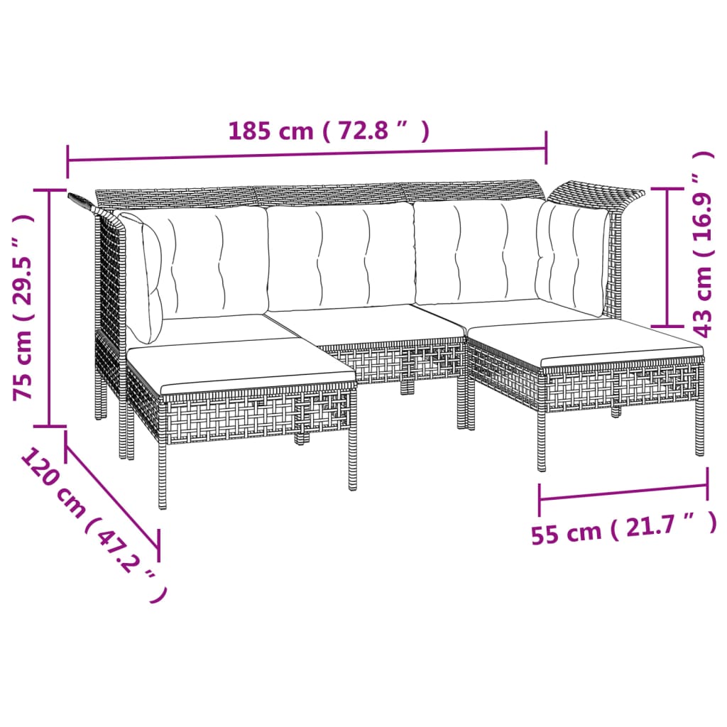 Salon de jardin 6 pcs avec coussins Gris Résine tressée