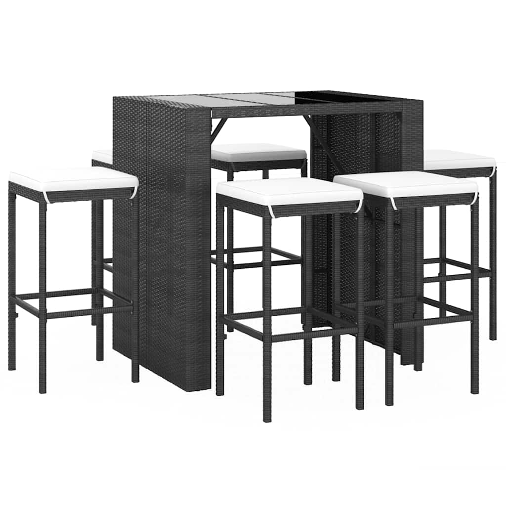 Ensemble de bar de jardin 7 pcs avec coussins noir poly rotin