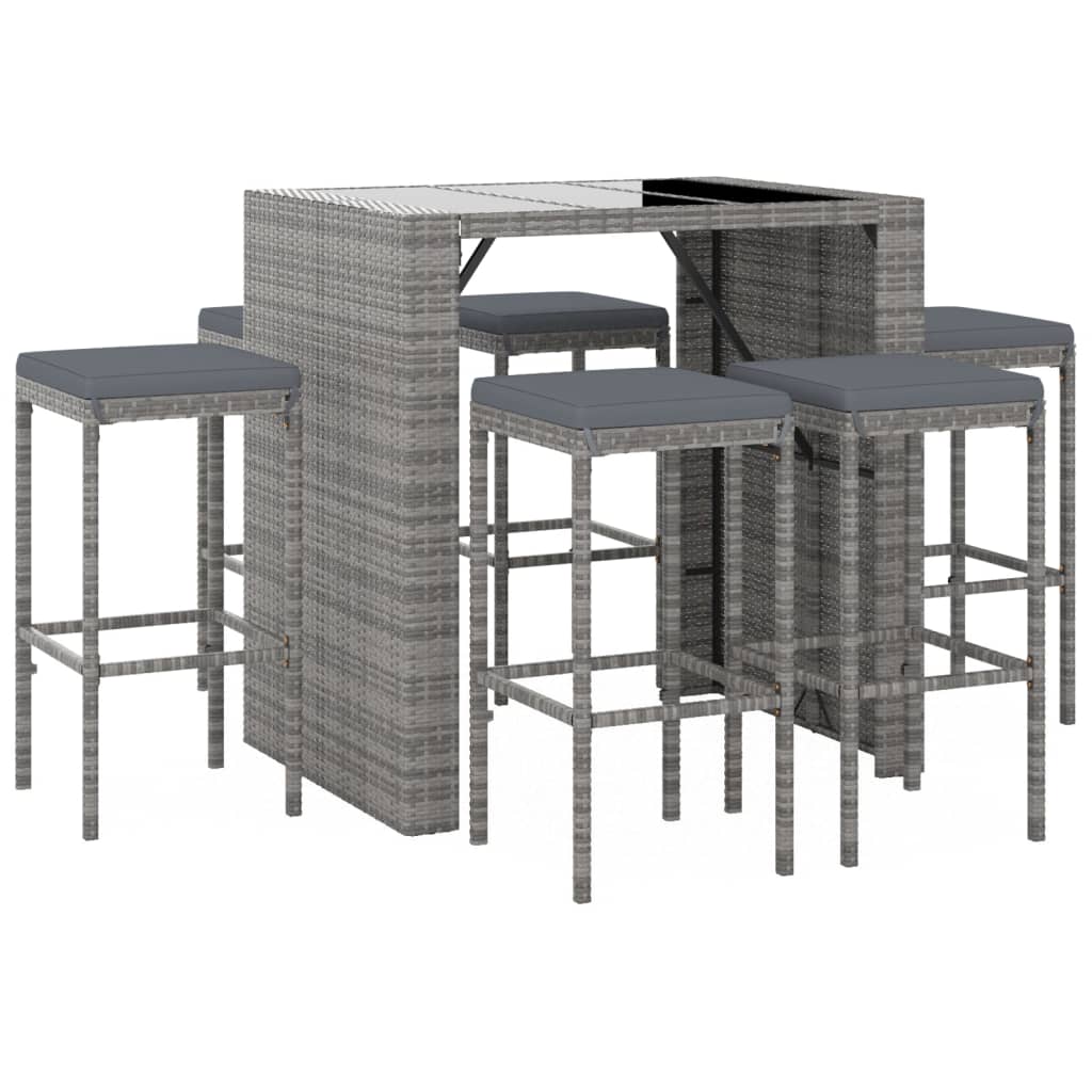 Ensemble de bar de jardin 7 pcs avec coussins gris poly rotin