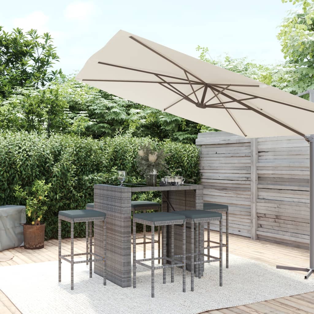 Ensemble de bar de jardin 7 pcs avec coussins gris poly rotin