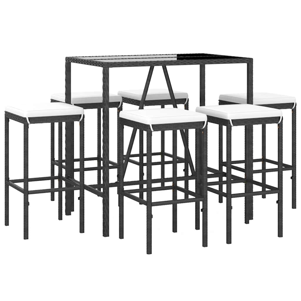 Ensemble de bar de jardin 7 pcs avec coussins noir poly rotin