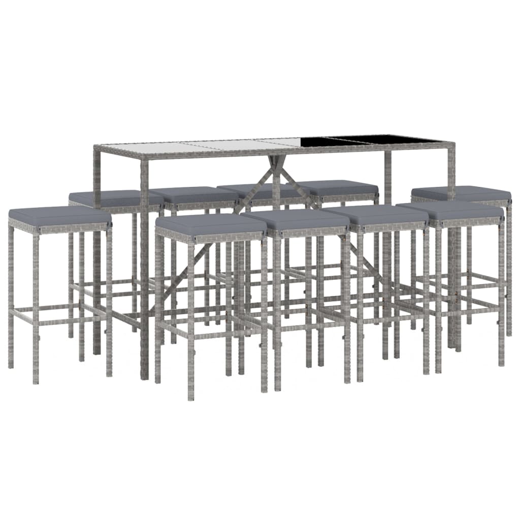 Ensemble de bar de jardin 11 pcs avec coussins gris poly rotin