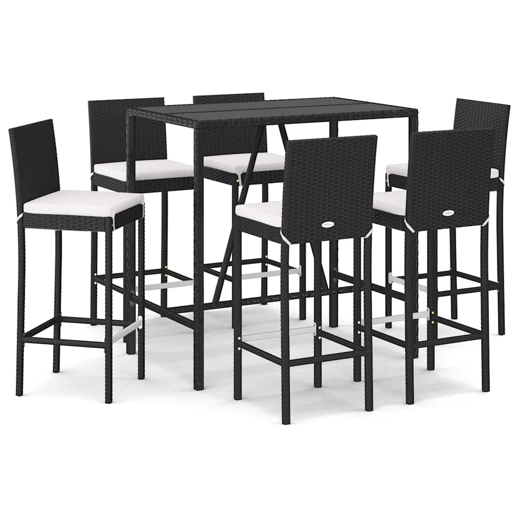 Ensemble de bar de jardin 7 pcs avec coussins noir poly rotin