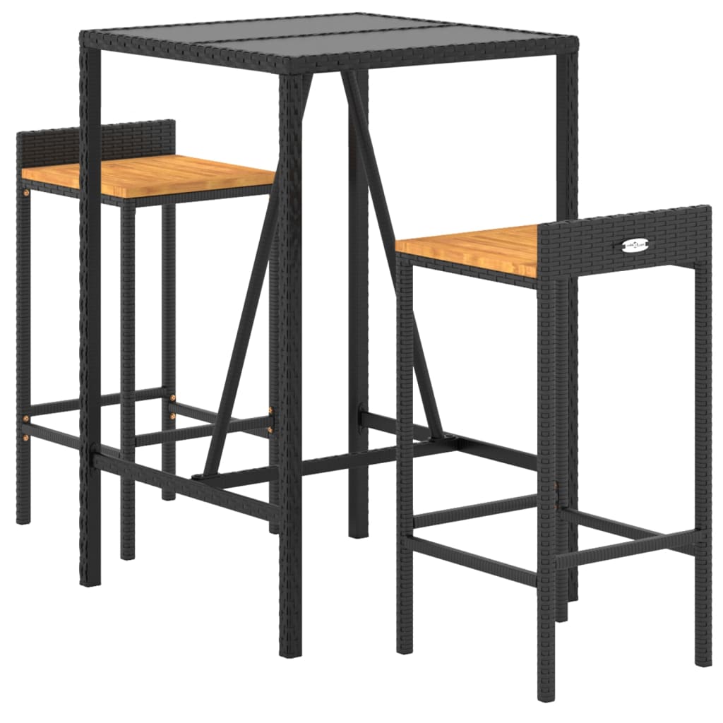 Ensemble de bar jardin 3 pcs noir poly rotin/bois massif acacia
