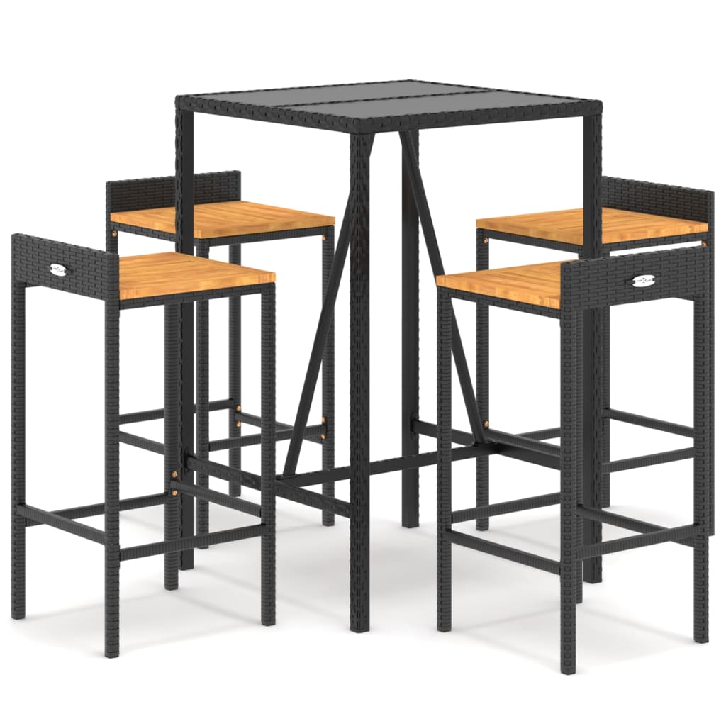 Ensemble de bar jardin 5 pcs noir poly rotin/bois massif acacia