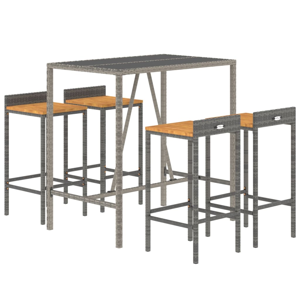 Ensemble de bar jardin 5 pcs gris poly rotin/bois massif acacia