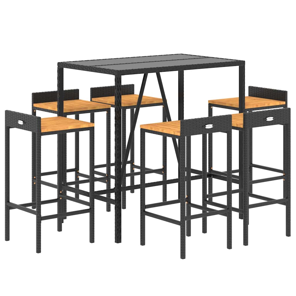 Ensemble de bar jardin 7 pcs noir poly rotin/bois massif acacia