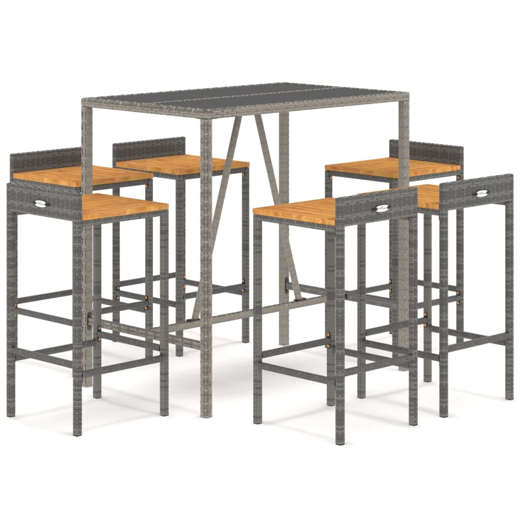 Ensemble de bar jardin 7 pcs gris poly rotin/bois massif acacia