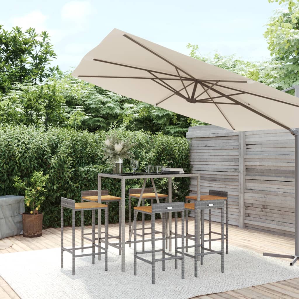 Ensemble de bar jardin 7 pcs gris poly rotin/bois massif acacia