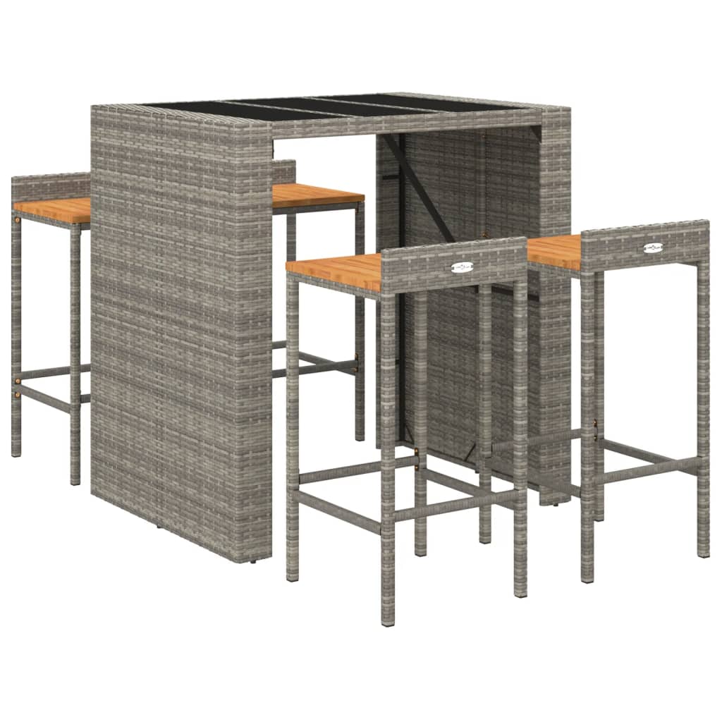 Ensemble de bar jardin 5 pcs gris poly rotin/bois massif acacia